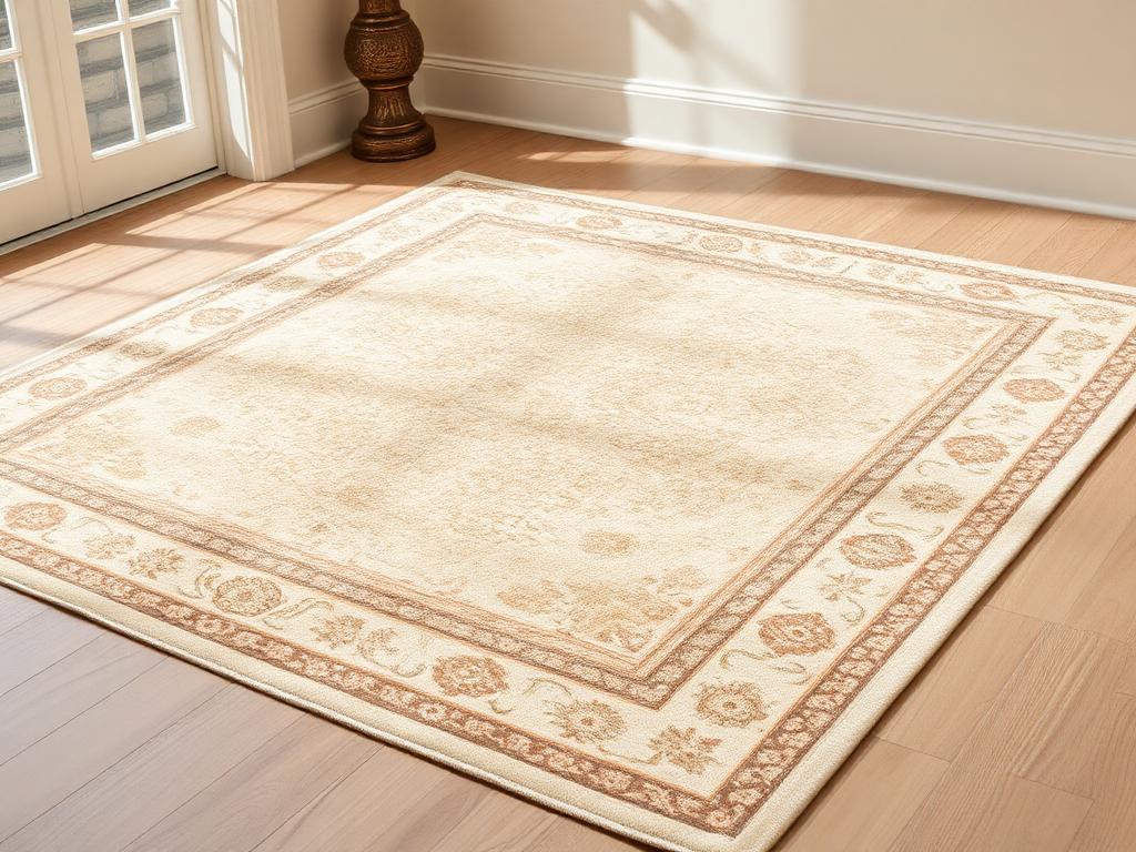 Cream and beige Persian-style area rug on a light oak floor