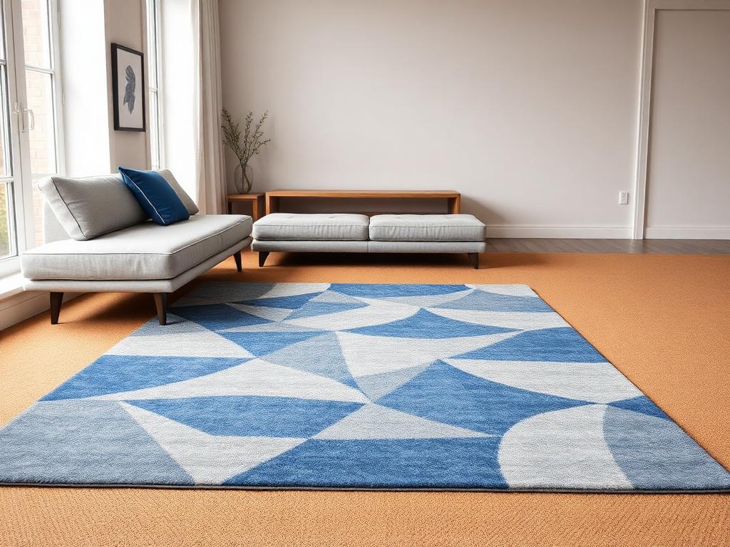Modern geometric blue and grey area rug in a contemporary living room