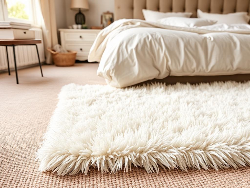 Plush shaggy ivory white bedroom rug beside a bed